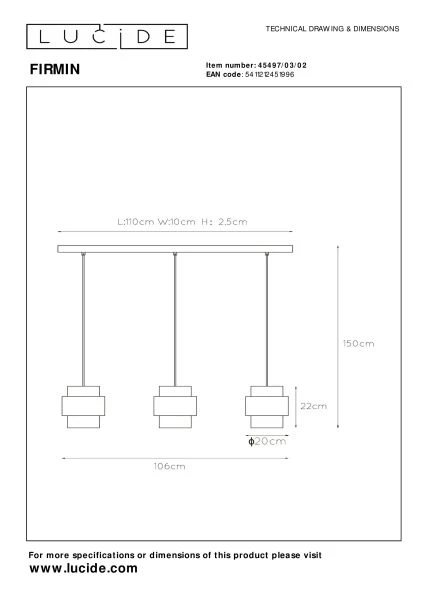 Lucide FIRMIN - Pendant light - 3xE27 - Matt Gold / Brass - technical